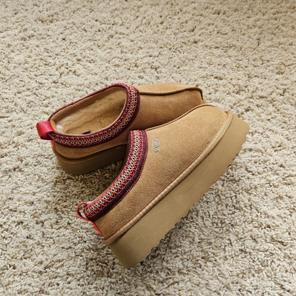 UGG Chestnut Suede Platform Slip-On Clog with Red Trim